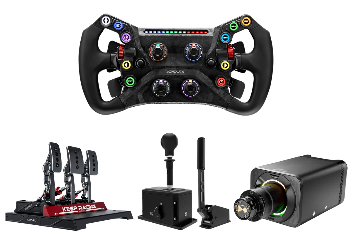 Simagic Alpha EVO Pro 18Nm Wheel Base, GT NEO Steering Wheel, 3 Pedal Set, Dual-Mode Shifter & Handbrake